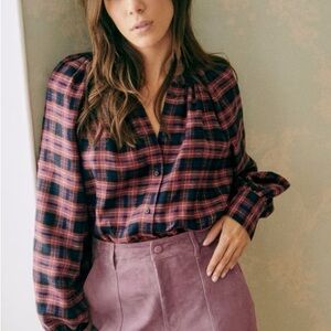 Sezane Checkered Button-Down Shirt in Black and Pink